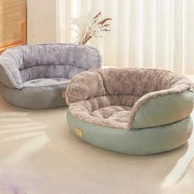 canape chien circulaire bleu et gris